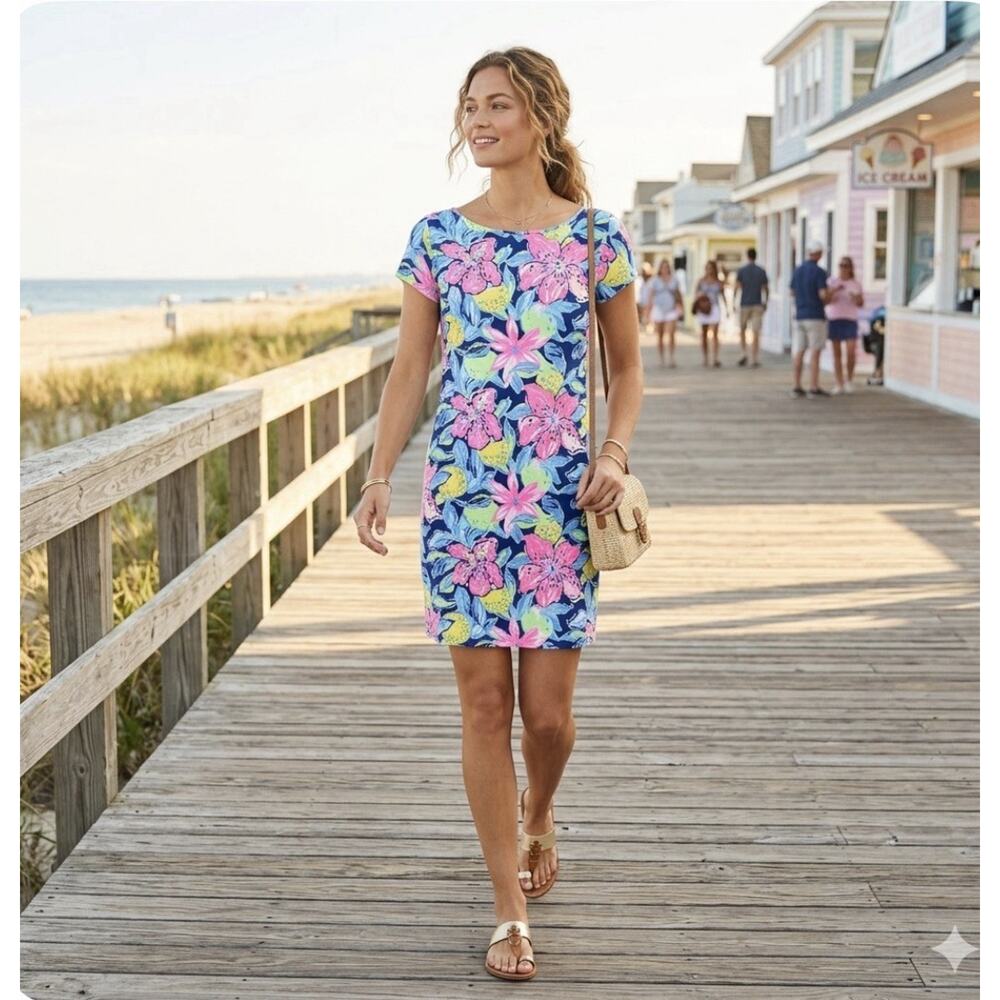 LILLY PULITZER Marlowe T-Shirt S Dress SS Zest For Life Lemon Print Pima Cotton